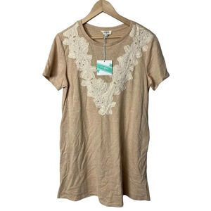 NWT Umgee Lace Embellished Pocket Shirt Dress Size Medium Tan Khaki Women’s